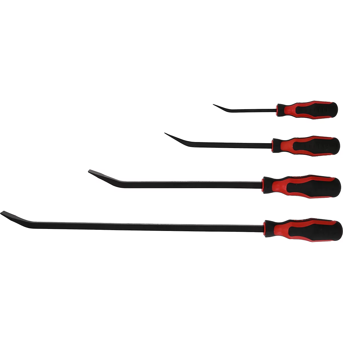 Vier schwarze Brecheisen mit roten und schwarzen Griffen. Sie sind in unterschiedlichen Größen und gebogen.